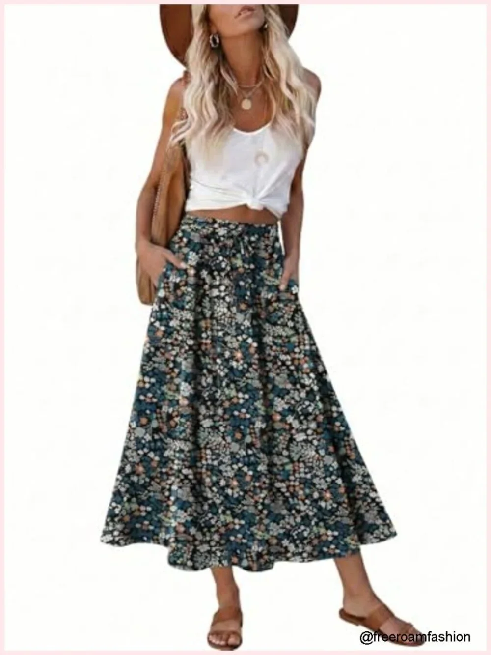 Print Midi Skirt High Waist Elastic A-Line Bohe Swing Skirts with Pocket